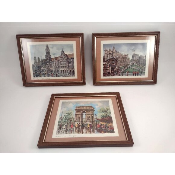 Set Of 3 Vtg Framed Prints Munich Windsor Castle Paris Arc Signed M. Legendre - Picture 1 of 10